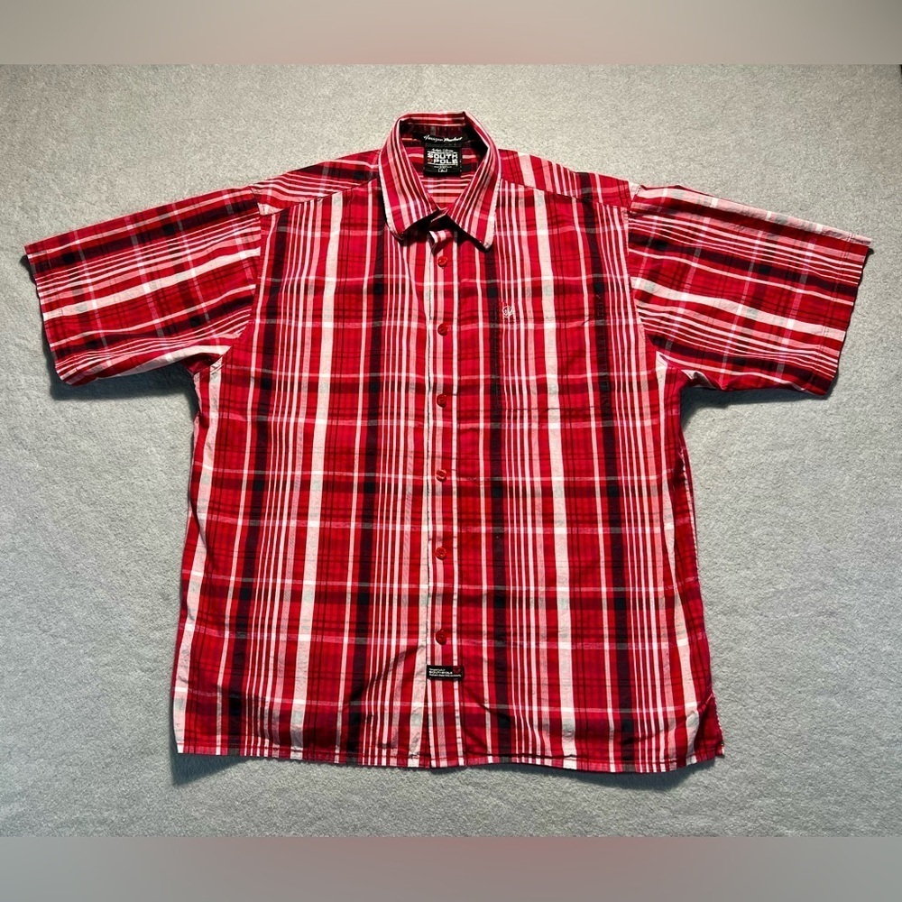 South Pole Shirt Men’s Large Black Red Plaid Button Up Y2K Streetwear